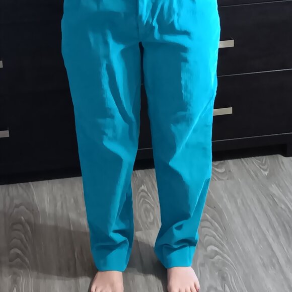 Vintage 80s Roadrunner Corduroy Pants High Waist Bright Blue Cotton Belt - Picture 6 of 8